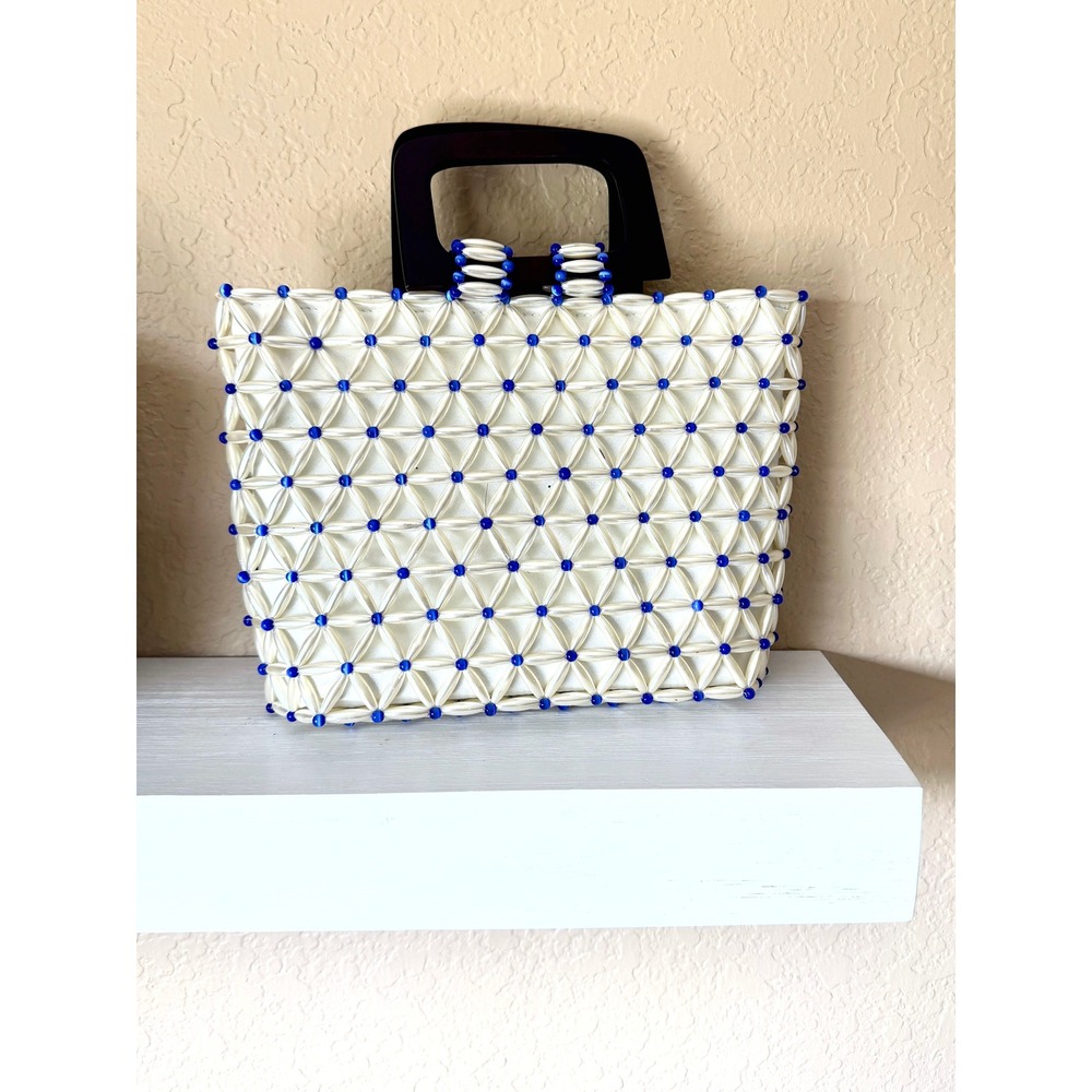 Vintage Beaded Top Handle Bag White Blue Geometric Lattice Wood Handles
